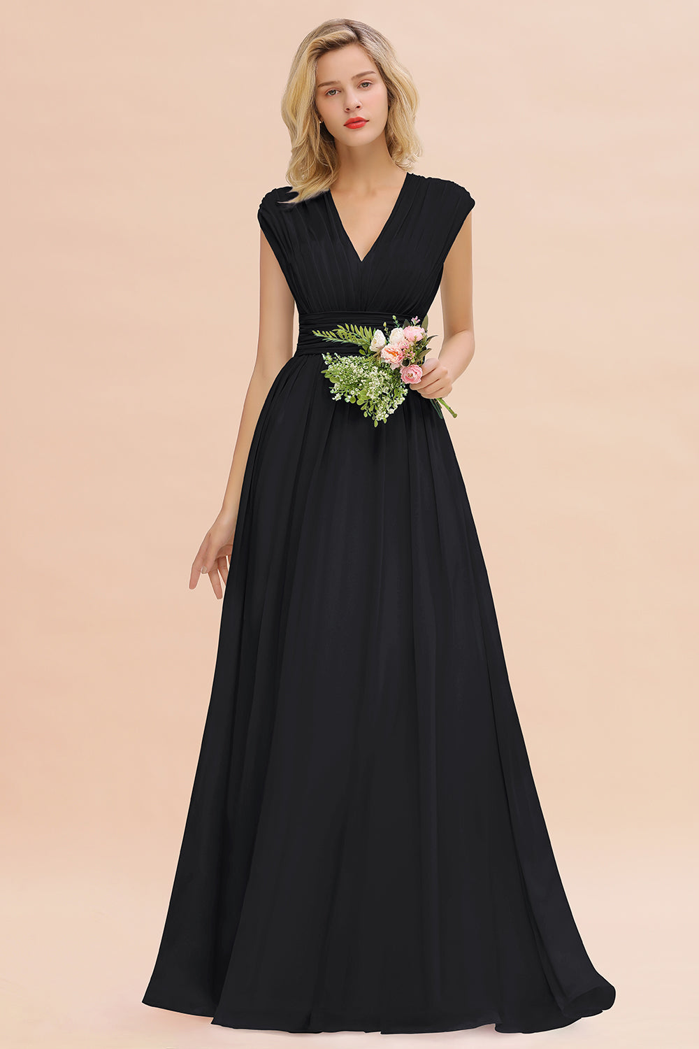 Elegant Chiffon V-Neck Ruffle Long Bridesmaid Dresses Affordable-Babyonlines