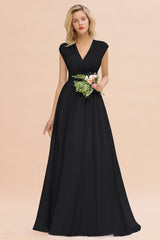 Elegant Chiffon V-Neck Ruffle Long Bridesmaid Dresses Affordable-Babyonlines