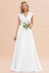 Elegant Chiffon V-Neck Ruffle Long Bridesmaid Dresses Affordable-Babyonlines