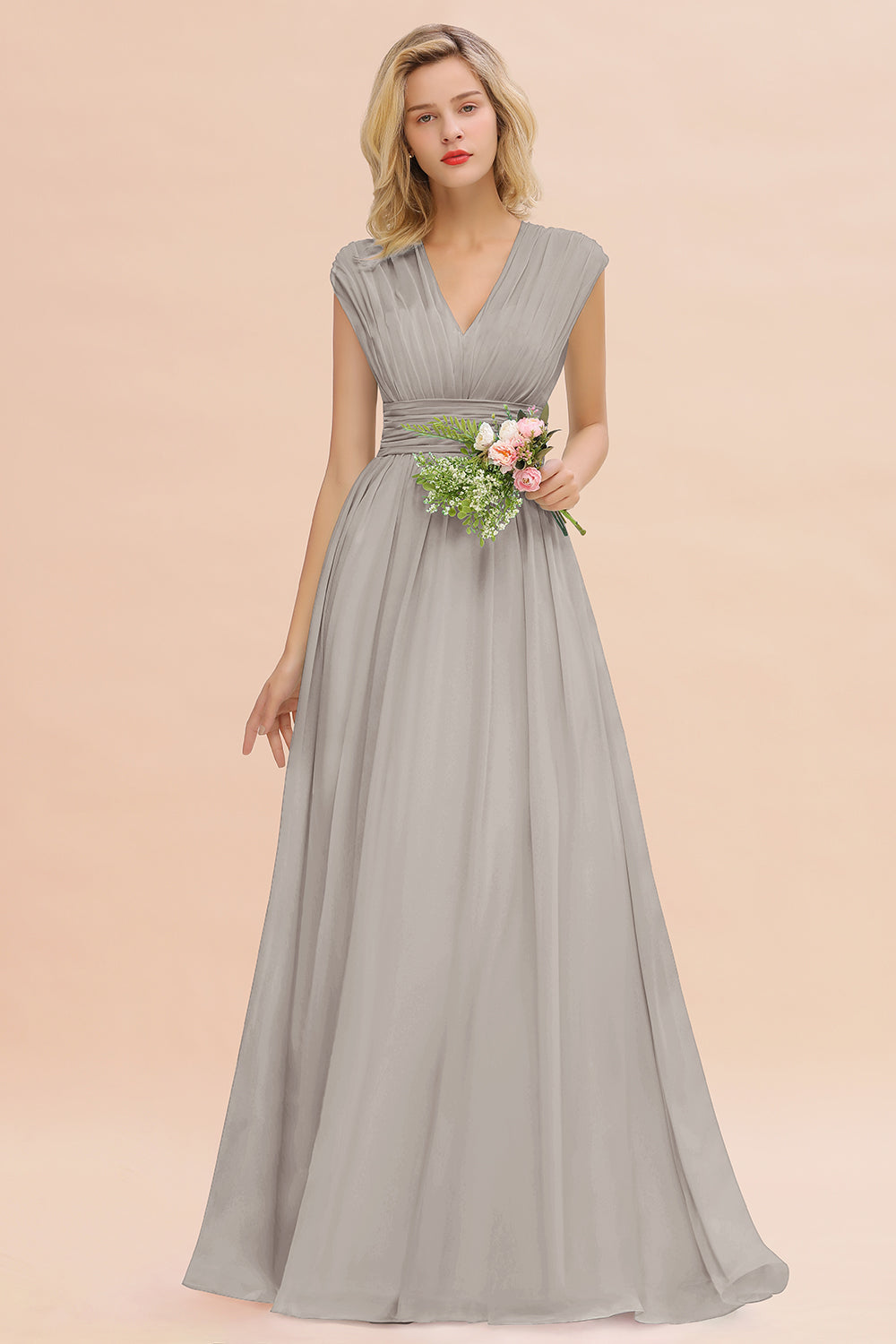 Elegant Chiffon V-Neck Ruffle Long Bridesmaid Dresses Affordable-Babyonlines