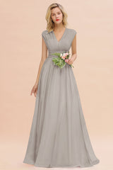 Elegant Chiffon V-Neck Ruffle Long Bridesmaid Dresses Affordable-Babyonlines