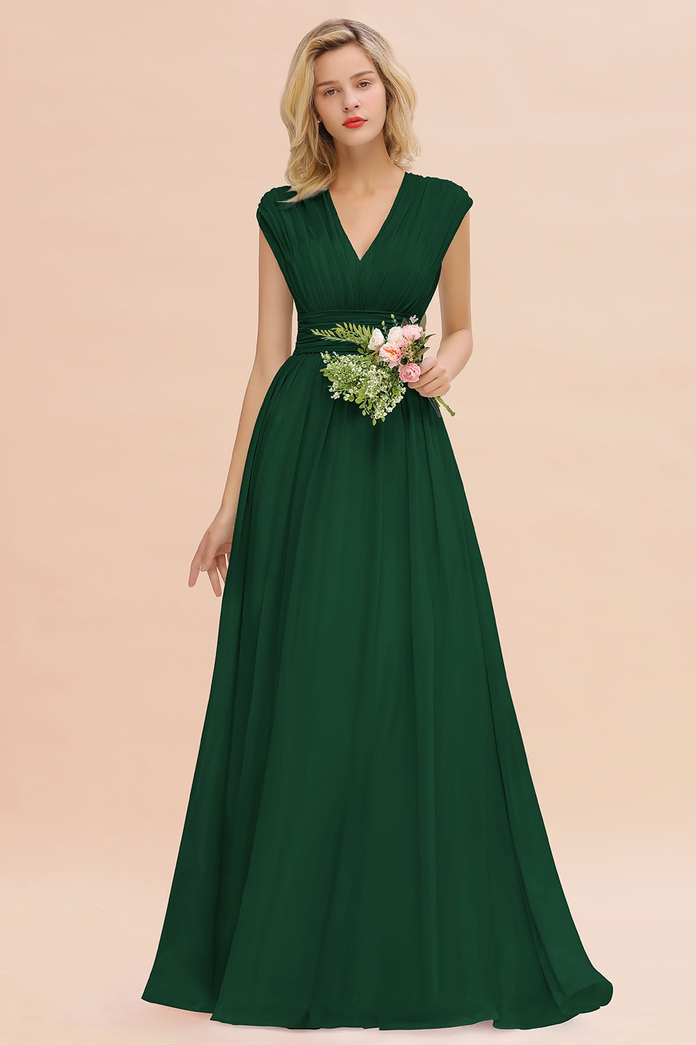 Elegant Chiffon V-Neck Ruffle Long Bridesmaid Dresses Affordable-Babyonlines