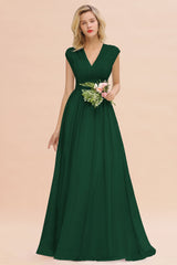 Elegant Chiffon V-Neck Ruffle Long Bridesmaid Dresses Affordable-Babyonlines