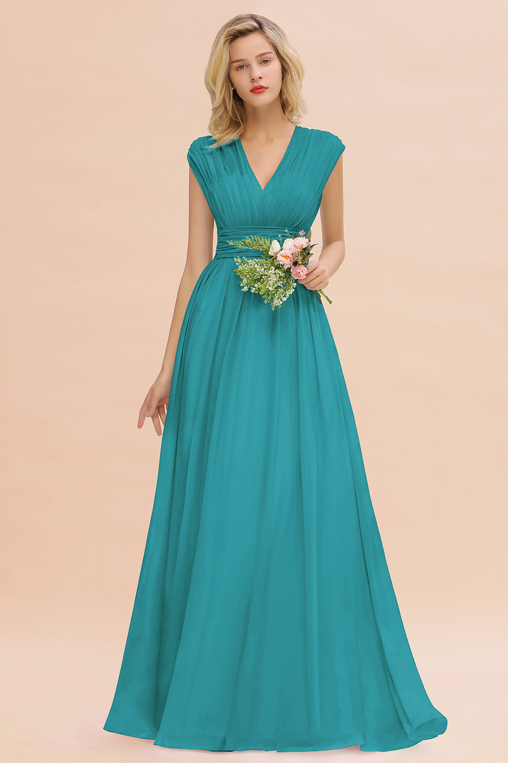 Elegant Chiffon V-Neck Ruffle Long Bridesmaid Dresses Affordable-Babyonlines