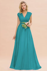 Elegant Chiffon V-Neck Ruffle Long Bridesmaid Dresses Affordable-Babyonlines