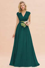 Elegant Chiffon V-Neck Ruffle Long Bridesmaid Dresses Affordable-Babyonlines
