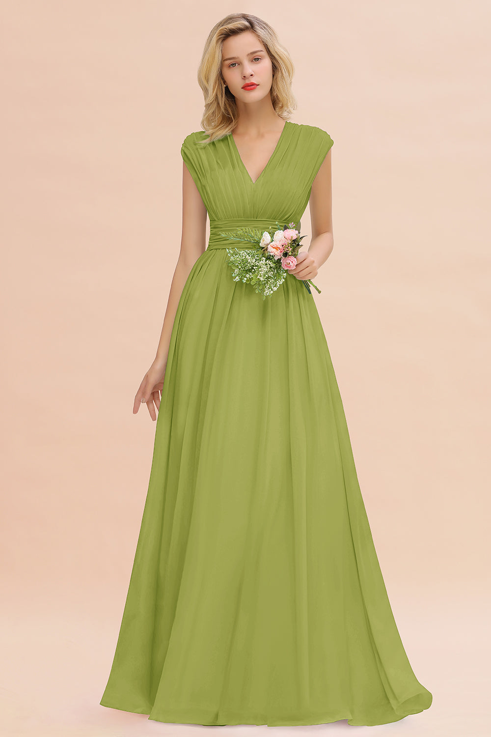Elegant Chiffon V-Neck Ruffle Long Bridesmaid Dresses Affordable-Babyonlines