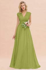 Elegant Chiffon V-Neck Ruffle Long Bridesmaid Dresses Affordable-Babyonlines