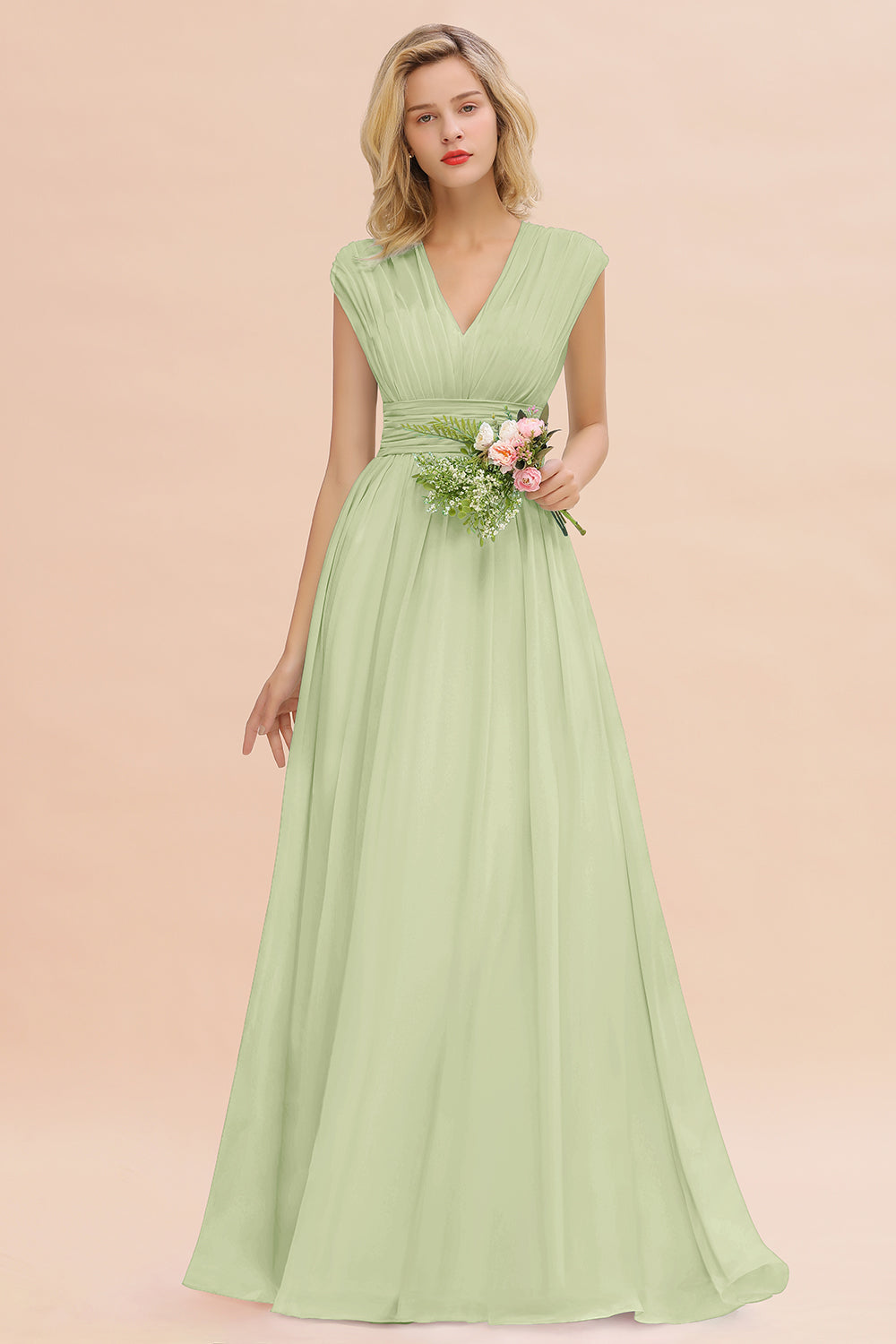 Elegant Chiffon V-Neck Ruffle Long Bridesmaid Dresses Affordable-Babyonlines