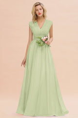 Elegant Chiffon V-Neck Ruffle Long Bridesmaid Dresses Affordable-Babyonlines