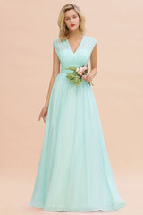 Elegant Chiffon V-Neck Ruffle Long Bridesmaid Dresses Affordable-Babyonlines