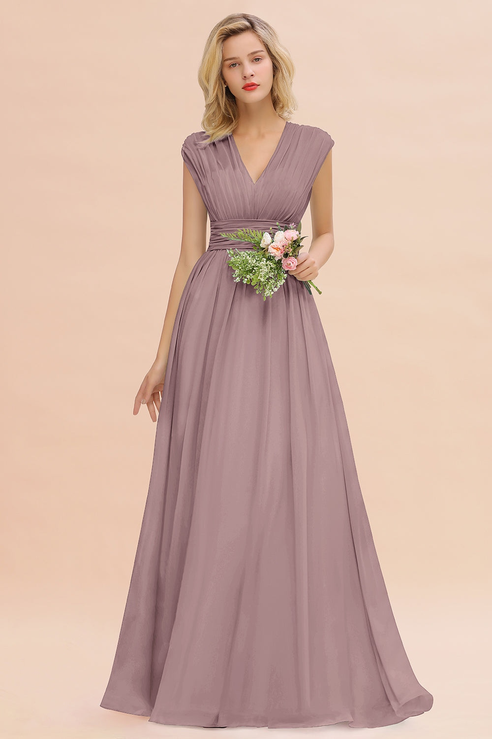 Elegant Chiffon V-Neck Ruffle Long Bridesmaid Dresses Affordable-Babyonlines