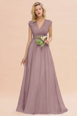Elegant Chiffon V-Neck Ruffle Long Bridesmaid Dresses Affordable-Babyonlines