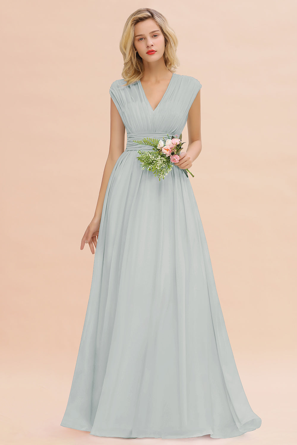 Elegant Chiffon V-Neck Ruffle Long Bridesmaid Dresses Affordable-Babyonlines