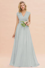 Elegant Chiffon V-Neck Ruffle Long Bridesmaid Dresses Affordable-Babyonlines