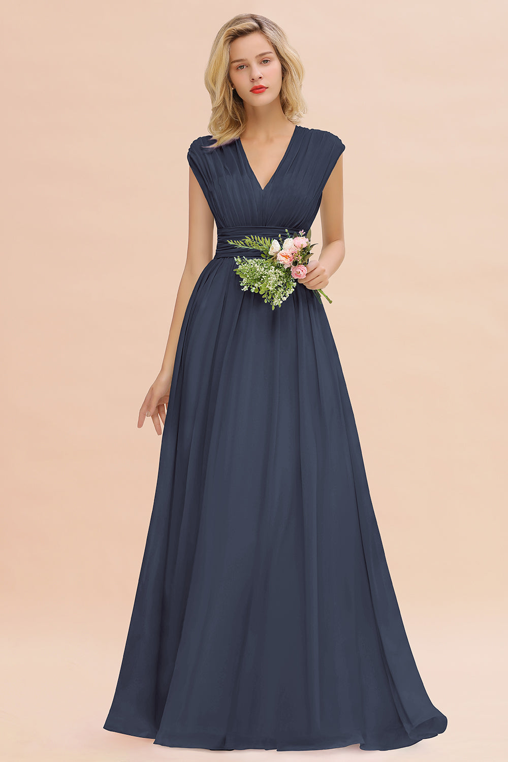 Elegant Chiffon V-Neck Ruffle Long Bridesmaid Dresses Affordable-Babyonlines
