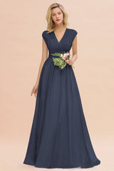 Elegant Chiffon V-Neck Ruffle Long Bridesmaid Dresses Affordable-Babyonlines