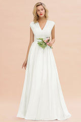Elegant Chiffon V-Neck Ruffle Long Bridesmaid Dresses Affordable-Babyonlines