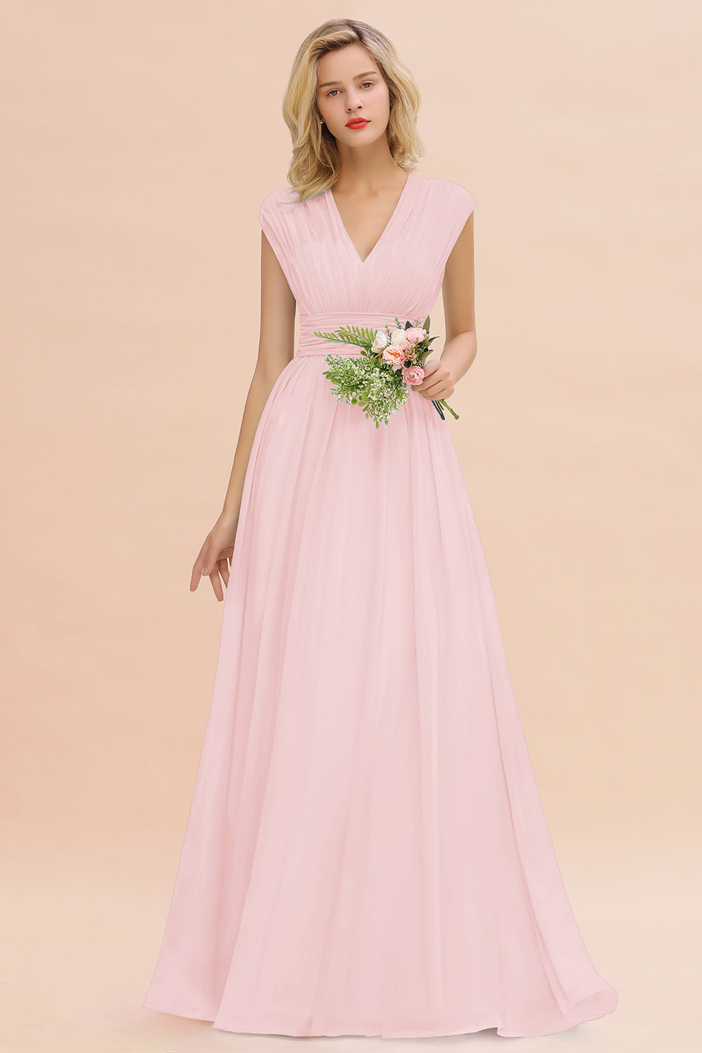 Elegant Chiffon V-Neck Ruffle Long Bridesmaid Dresses Affordable-Babyonlines