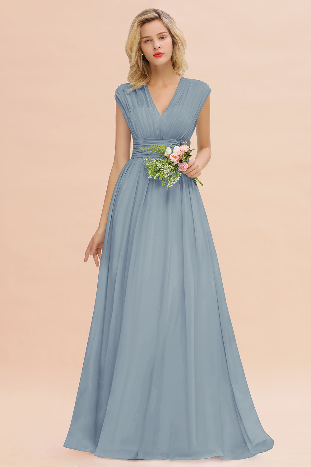 Elegant Chiffon V-Neck Ruffle Long Bridesmaid Dresses Affordable-Babyonlines