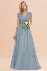 Elegant Chiffon V-Neck Ruffle Long Bridesmaid Dresses Affordable-Babyonlines