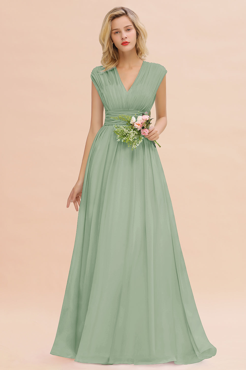 Elegant Chiffon V-Neck Ruffle Long Bridesmaid Dresses Affordable-Babyonlines