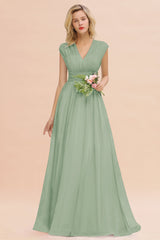 Elegant Chiffon V-Neck Ruffle Long Bridesmaid Dresses Affordable-Babyonlines
