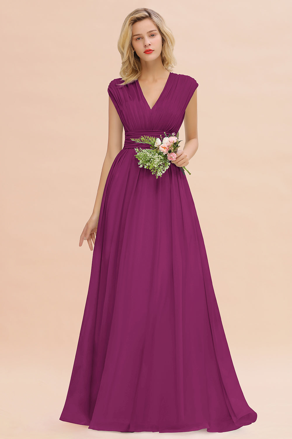 Elegant Chiffon V-Neck Ruffle Long Bridesmaid Dresses Affordable-Babyonlines