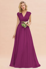 Elegant Chiffon V-Neck Ruffle Long Bridesmaid Dresses Affordable-Babyonlines