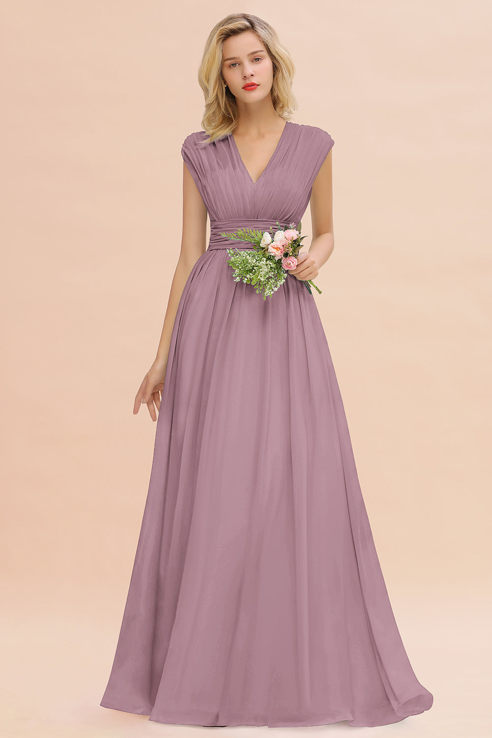 Elegant Chiffon V-Neck Ruffle Long Bridesmaid Dresses Affordable-Babyonlines