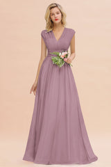 Elegant Chiffon V-Neck Ruffle Long Bridesmaid Dresses Affordable-Babyonlines