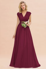 Elegant Chiffon V-Neck Ruffle Long Bridesmaid Dresses Affordable-Babyonlines