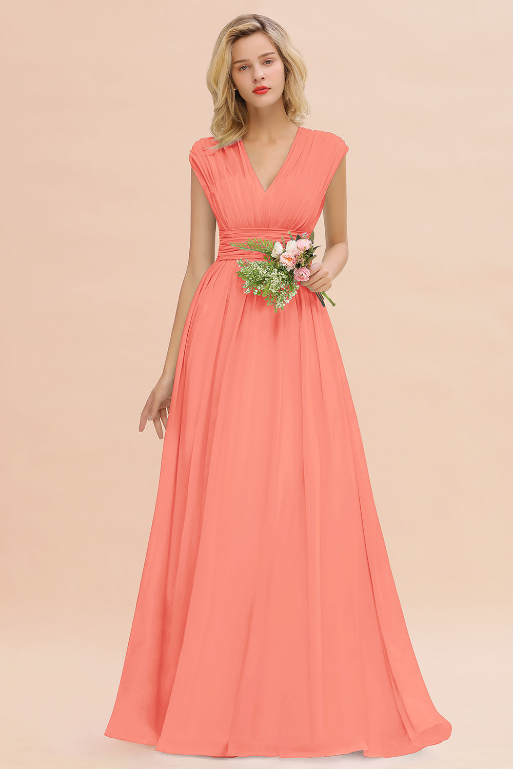 Elegant Chiffon V-Neck Ruffle Long Bridesmaid Dresses Affordable-Babyonlines