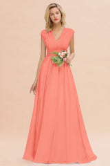 Elegant Chiffon V-Neck Ruffle Long Bridesmaid Dresses Affordable-Babyonlines