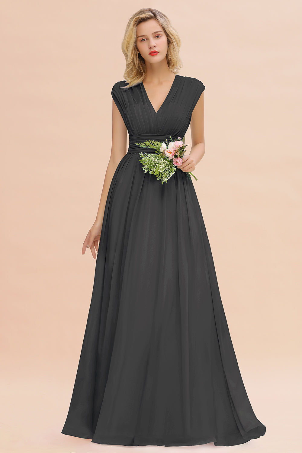 Elegant Chiffon V-Neck Ruffle Long Bridesmaid Dresses Affordable-Babyonlines
