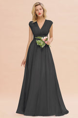 Elegant Chiffon V-Neck Ruffle Long Bridesmaid Dresses Affordable-Babyonlines
