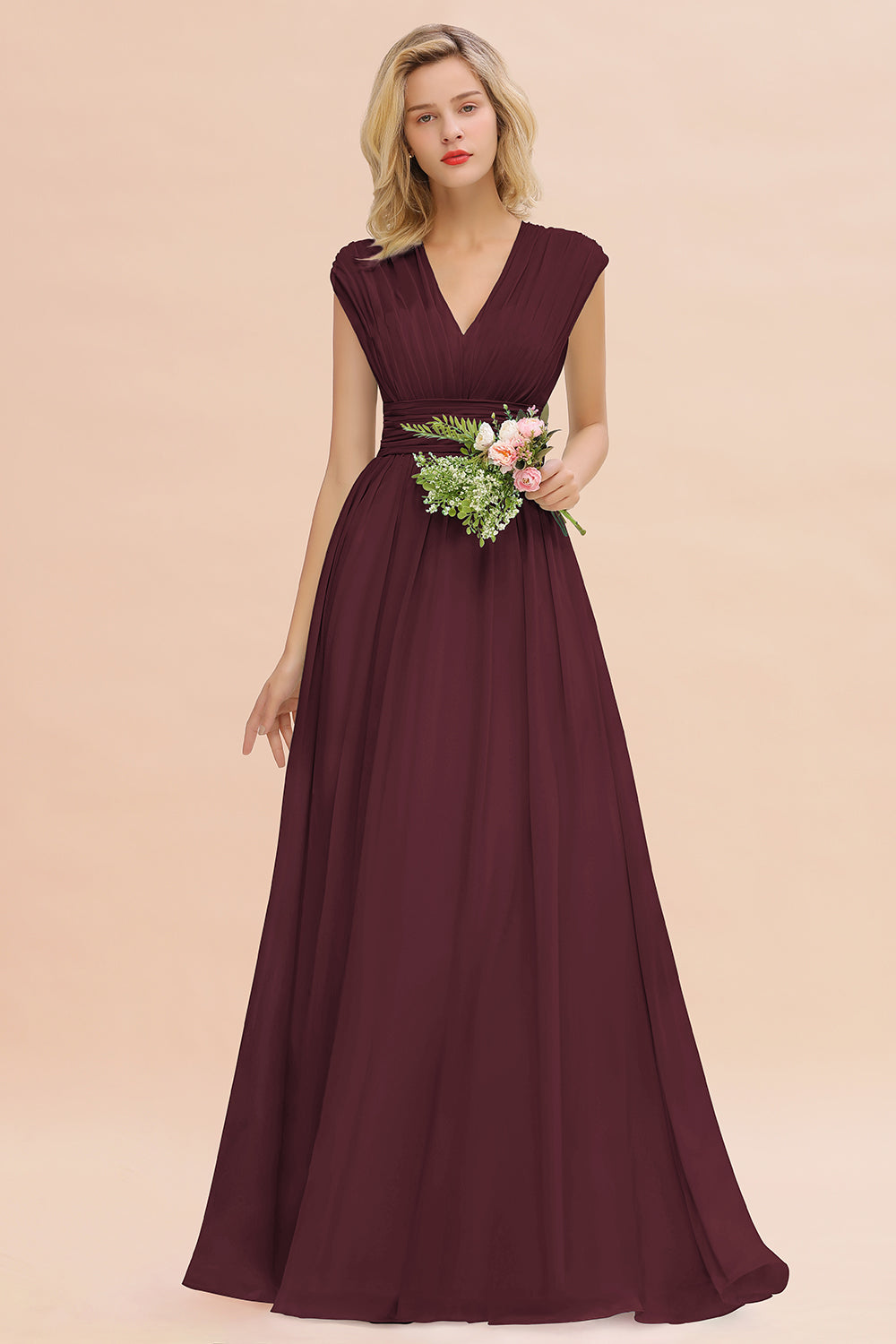 Elegant Chiffon V-Neck Ruffle Long Bridesmaid Dresses Affordable-Babyonlines
