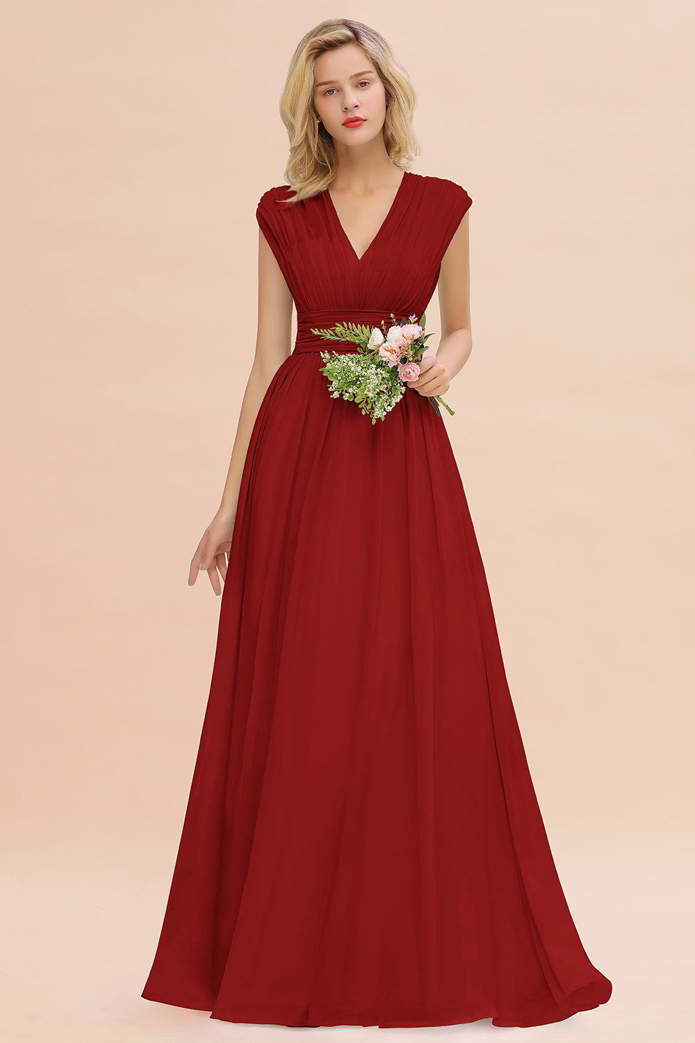 Elegant Chiffon V-Neck Ruffle Long Bridesmaid Dresses Affordable-Babyonlines