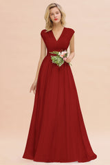 Elegant Chiffon V-Neck Ruffle Long Bridesmaid Dresses Affordable-Babyonlines
