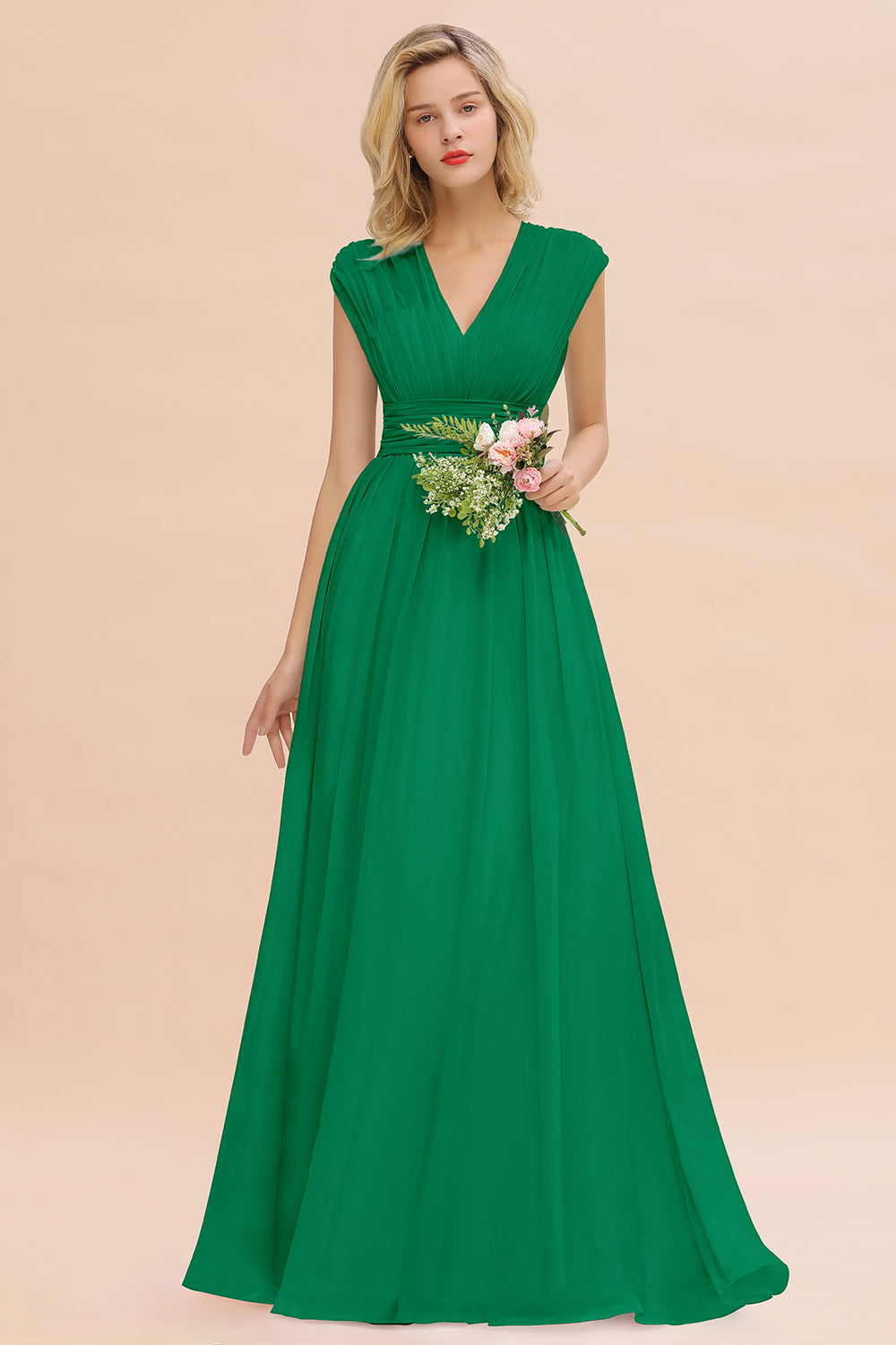 Elegant Chiffon V-Neck Ruffle Long Bridesmaid Dresses Affordable-Babyonlines