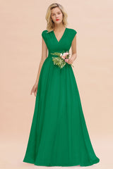 Elegant Chiffon V-Neck Ruffle Long Bridesmaid Dresses Affordable-Babyonlines