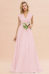 Elegant Chiffon V-Neck Ruffle Long Bridesmaid Dresses Affordable-Babyonlines