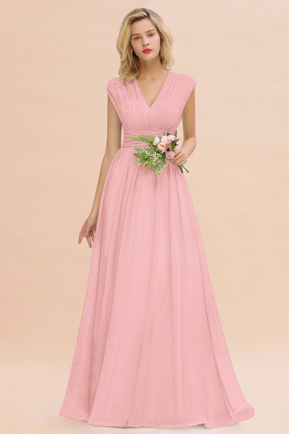 Elegant Chiffon V-Neck Ruffle Long Bridesmaid Dresses Affordable-Babyonlines