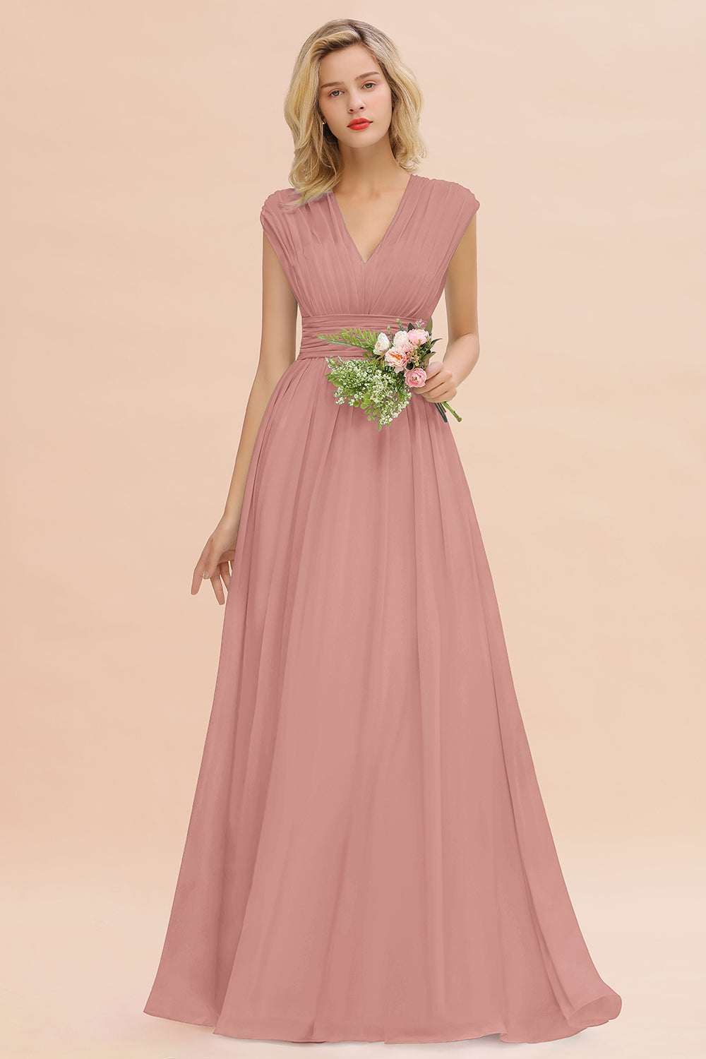 Elegant Chiffon V-Neck Ruffle Long Bridesmaid Dresses Affordable-Babyonlines
