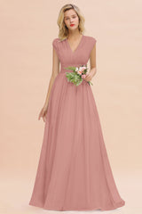 Elegant Chiffon V-Neck Ruffle Long Bridesmaid Dresses Affordable-Babyonlines
