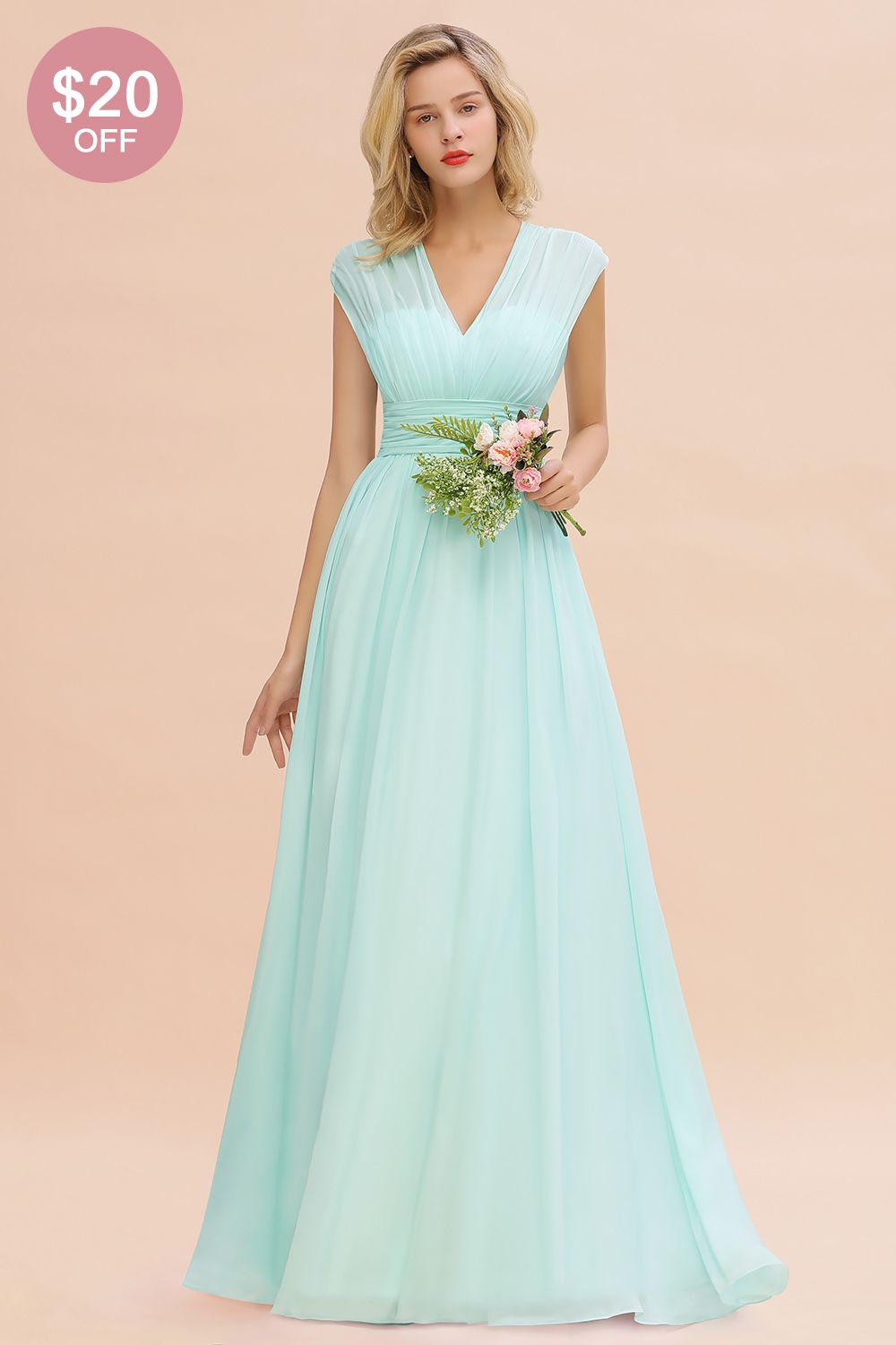 Elegant Chiffon V-Neck Ruffle Long Bridesmaid Dresses Affordable-Babyonlines