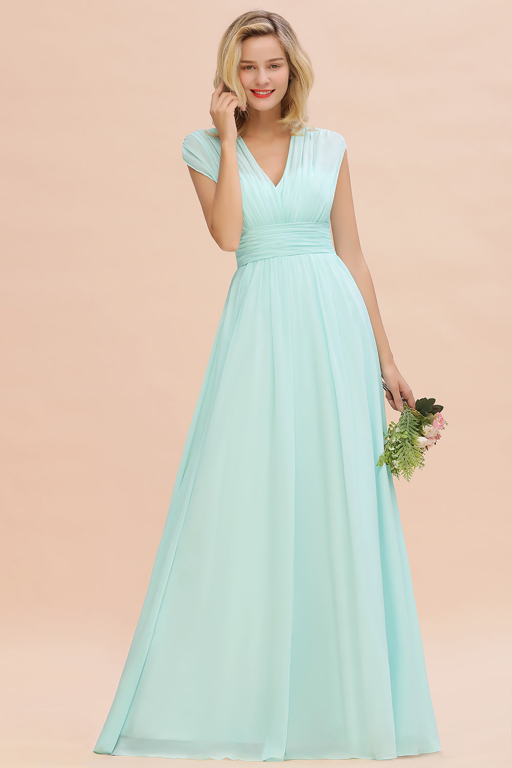 Elegant Chiffon V-Neck Ruffle Long Bridesmaid Dresses Affordable-Babyonlines