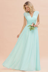 Elegant Chiffon V-Neck Ruffle Long Bridesmaid Dresses Affordable-Babyonlines