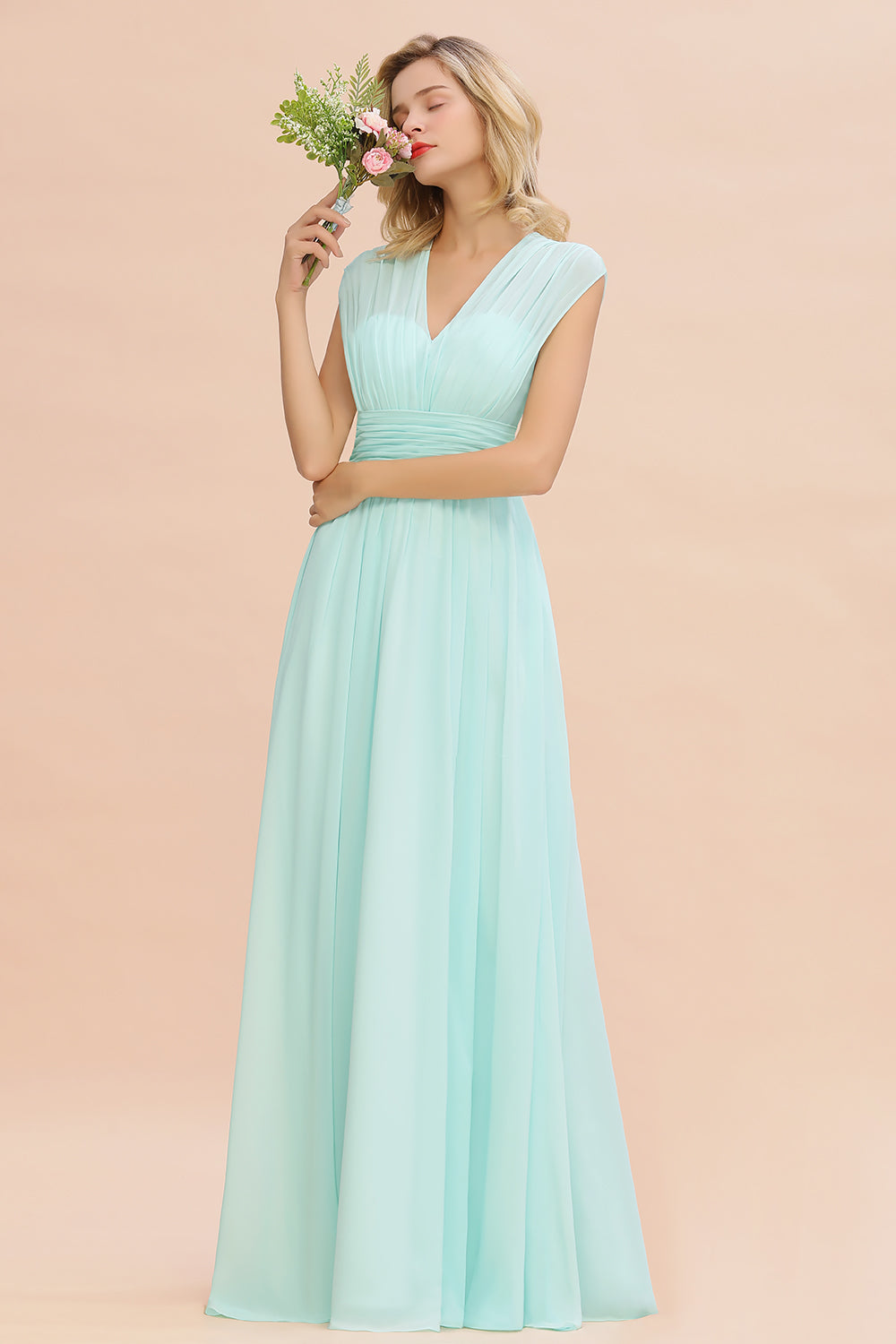 Elegant Chiffon V-Neck Ruffle Long Bridesmaid Dresses Affordable-Babyonlines
