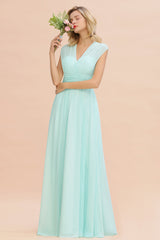Elegant Chiffon V-Neck Ruffle Long Bridesmaid Dresses Affordable-Babyonlines